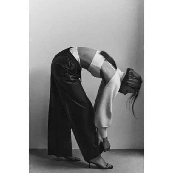 Zara Black High Waisted Waxed Effect Wide Leg Pants XS - Picture 4 of 7